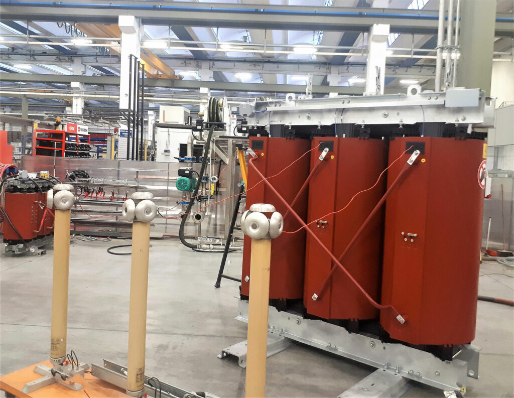 Partial discharge testing being carried out on a 1000 kVA dry-type transformer for a mining project.