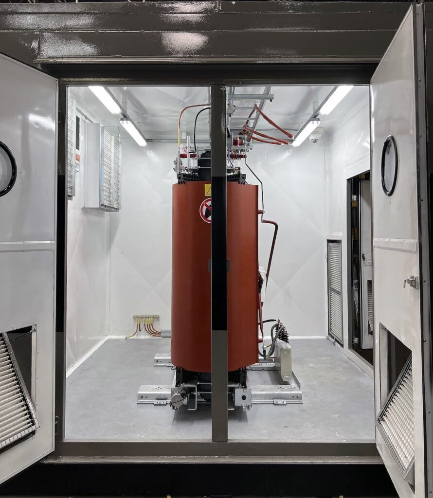The attraction of the modular structure is that it can be more easily transported and installed on site – and having a built-in transformer just makes sense.