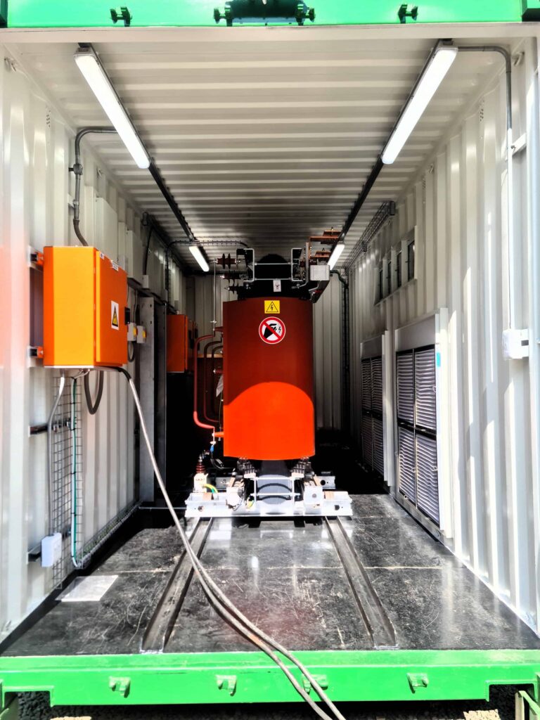 A 3000 kVA dry-type transformer fitted in one of the modular substations.