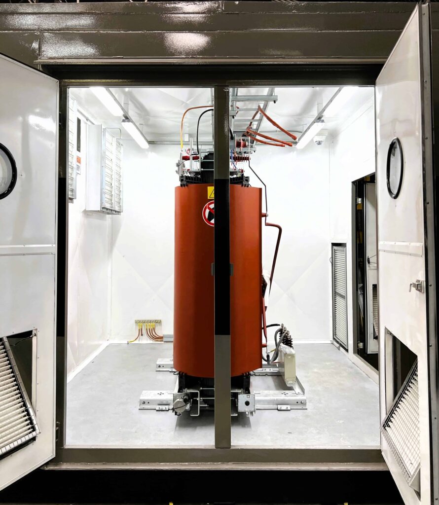 A dry-type transformer installed in a modular substation for a data centre.