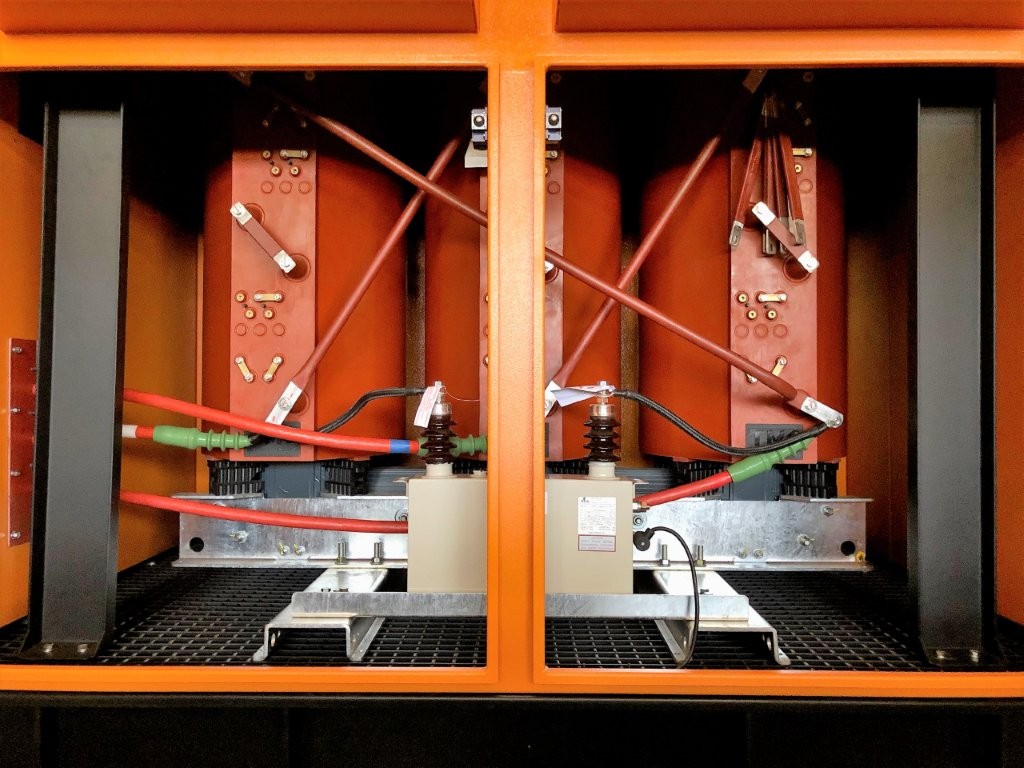 A view of the dry-type transformer within a mini-substation designed for safe and reliable power distribution in underground mining applications.